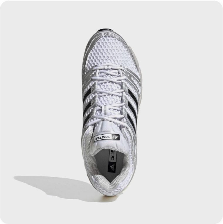 Adidas White and Silver Retro Runner-Style Sneakers with Black Stripes