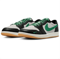 Air Jordan 1 Black and White Low-Top Sneakers with Green Accents and Tan Soles