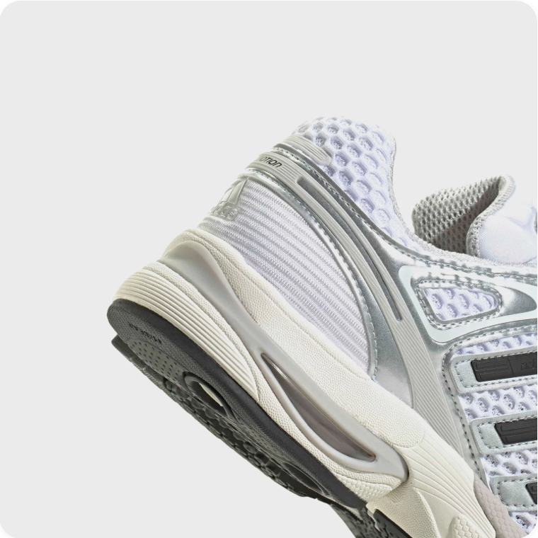 Adidas White and Silver Retro Runner-Style Sneakers with Black Stripes