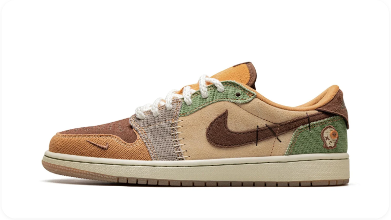 Air Jordan 1 Earth-Tone Patchwork Low-Top Sneakers with Exposed Stitching