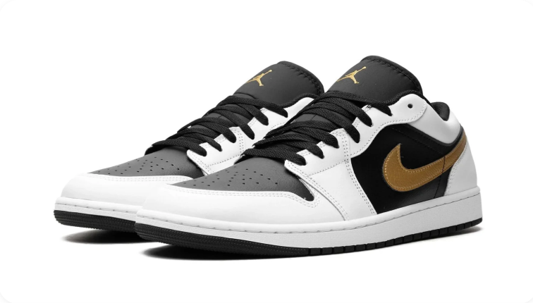Air Jordan 1 White and Black Low-Top Sneakers with Gold Swoosh