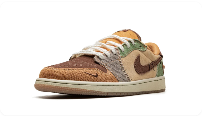 Air Jordan 1 Earth-Tone Patchwork Low-Top Sneakers with Exposed Stitching