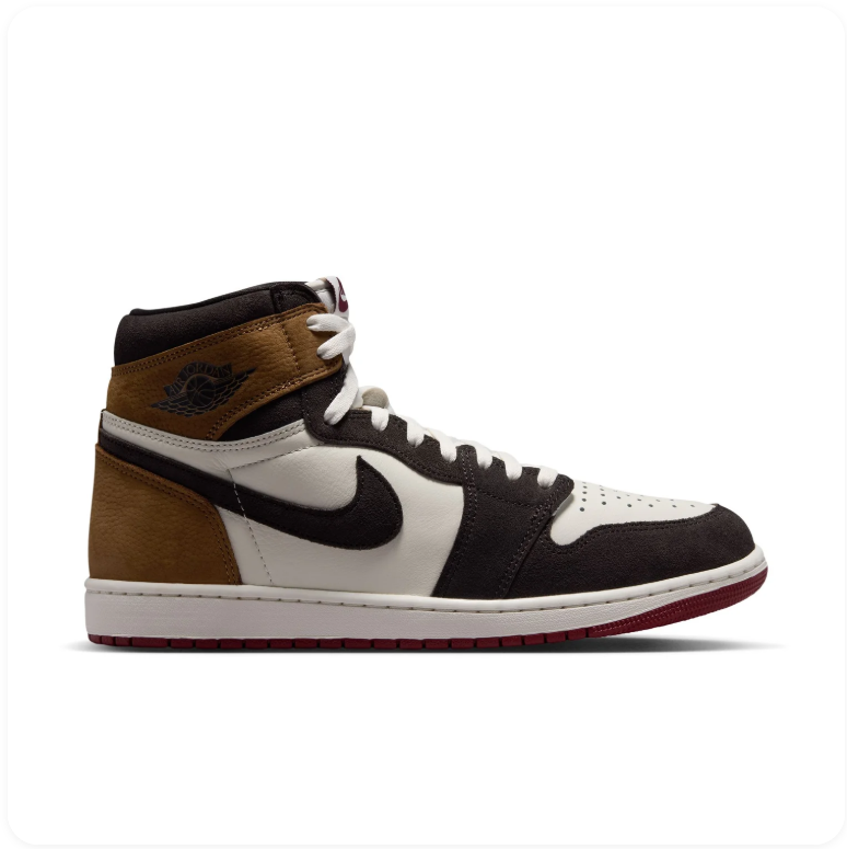 Air Jordan 1 Brown, Black and White High-Top Sneakers with Dark Red Soles