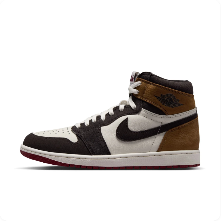 Air Jordan 1 Brown, Black and White High-Top Sneakers with Dark Red Soles