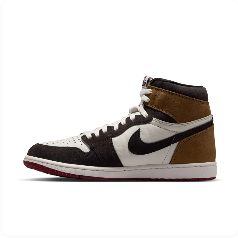Air Jordan 1 Brown, Black and White High-Top Sneakers with Dark Red Soles