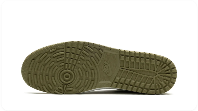 Air Jordan 1 Olive and White Low-Top Sneakers with Black Reverse Swoosh