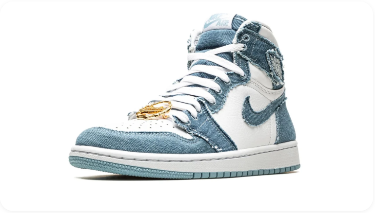 Air Jordan 1 Blue Denim-Look and White High-Top Sneakers