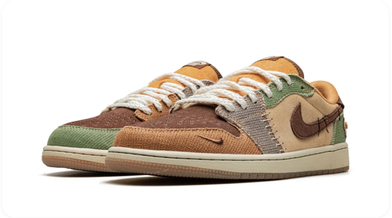 Air Jordan 1 Earth-Tone Patchwork Low-Top Sneakers with Exposed Stitching