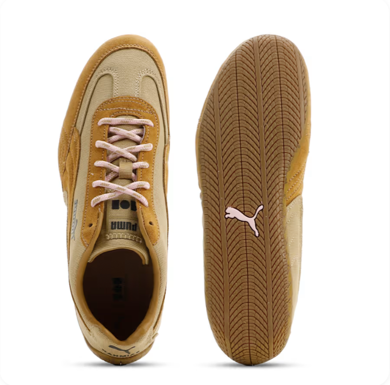 Puma Beige and Mustard Yellow Low-Top Sneakers with Pink Laces