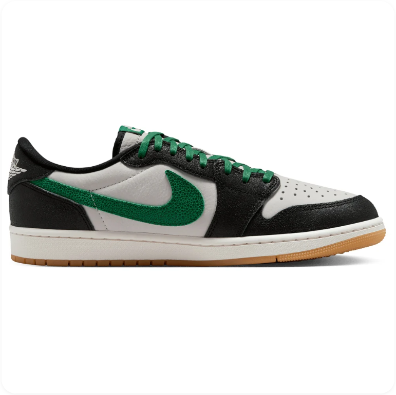 Air Jordan 1 Black and White Low-Top Sneakers with Green Accents and Tan Soles
