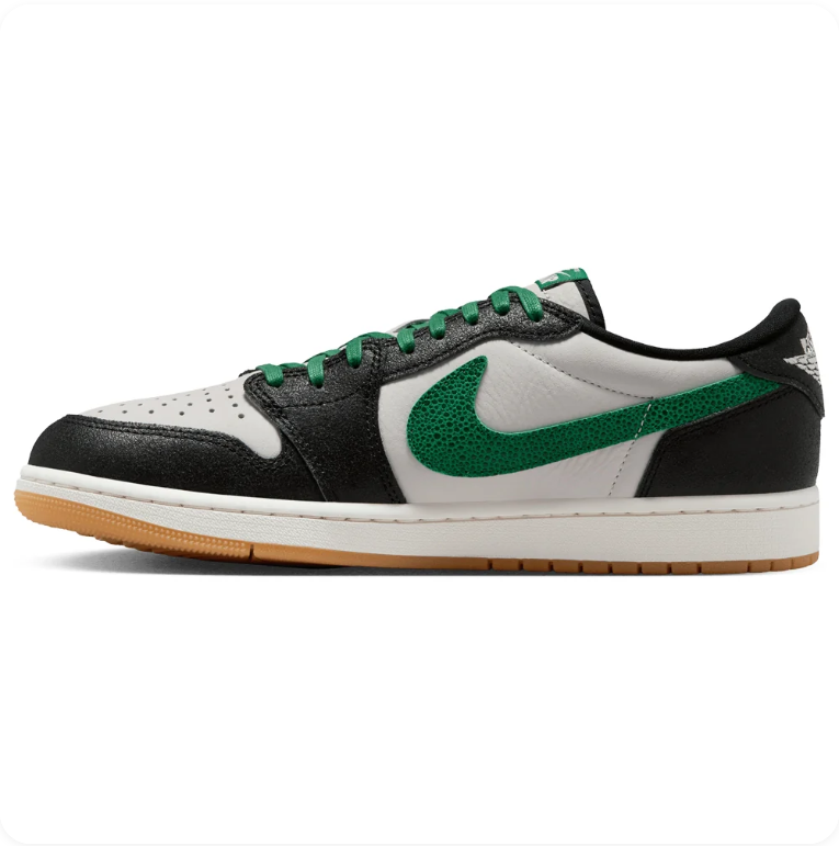 Air Jordan 1 Black and White Low-Top Sneakers with Green Accents and Tan Soles