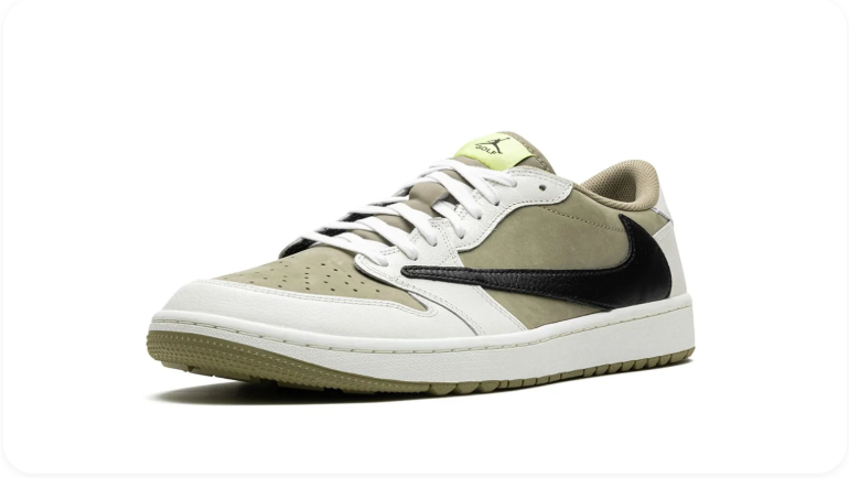 Air Jordan 1 Olive and White Low-Top Sneakers with Black Reverse Swoosh