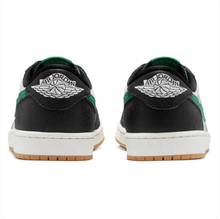 Air Jordan 1 Black and White Low-Top Sneakers with Green Accents and Tan Soles