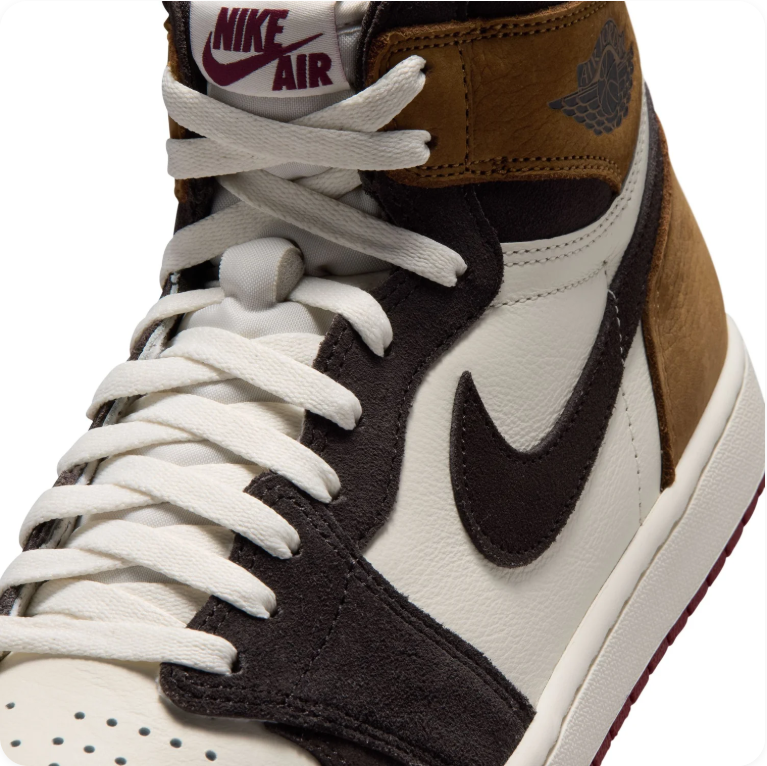 Air Jordan 1 Brown, Black and White High-Top Sneakers with Dark Red Soles