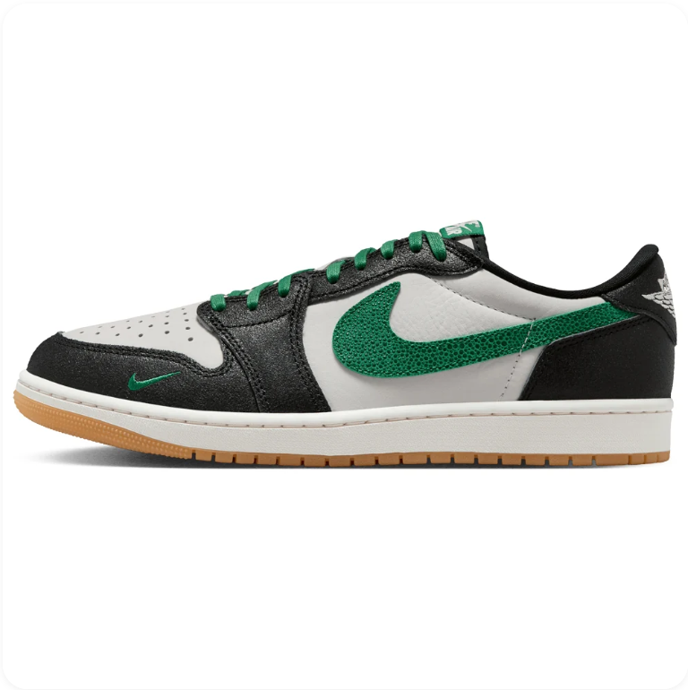 Air Jordan 1 Black and White Low-Top Sneakers with Green Accents and Tan Soles