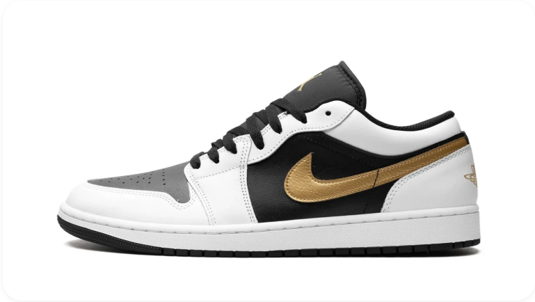 Air Jordan 1 White and Black Low-Top Sneakers with Gold Swoosh