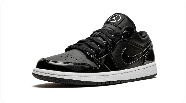 Air Jordan 1 Black Low-Top Sneakers with Glossy Overlays and White Stitching