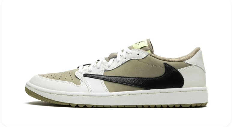 Air Jordan 1 Olive and White Low-Top Sneakers with Black Reverse Swoosh