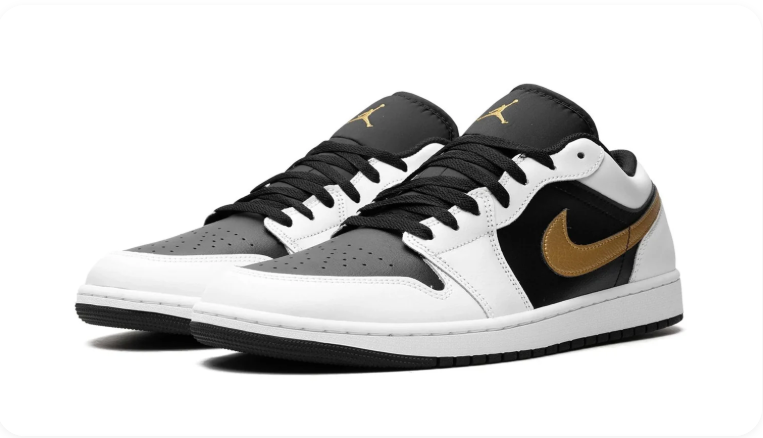 Air Jordan 1 White and Black Low-Top Sneakers with Gold Swoosh