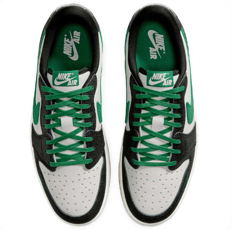 Air Jordan 1 Black and White Low-Top Sneakers with Green Accents and Tan Soles