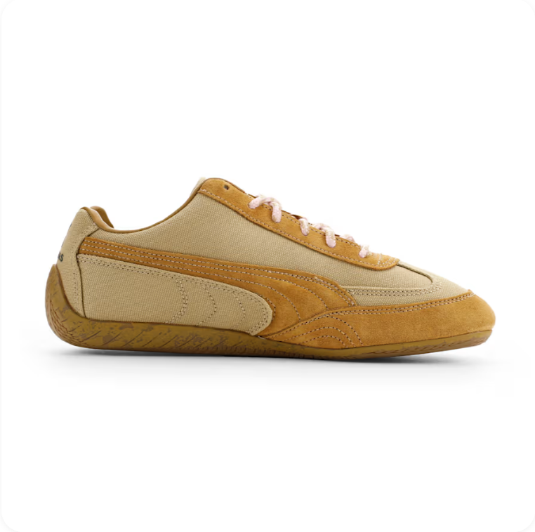 Puma Beige and Mustard Yellow Low-Top Sneakers with Pink Laces