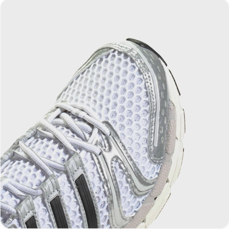 Adidas White and Silver Retro Runner-Style Sneakers with Black Stripes