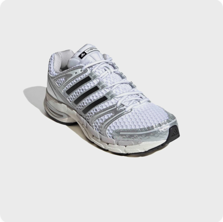 Adidas White and Silver Retro Runner-Style Sneakers with Black Stripes