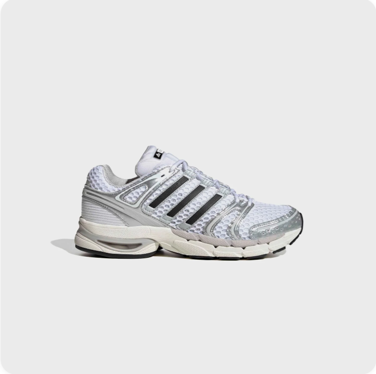 Adidas White and Silver Retro Runner-Style Sneakers with Black Stripes