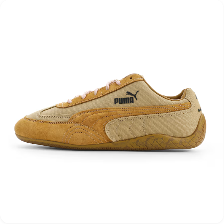 Puma Beige and Mustard Yellow Low-Top Sneakers with Pink Laces