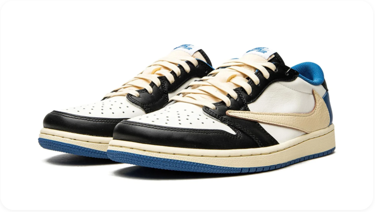 Air Jordan 1 Black, White and Blue Low-Top Sneakers with Cream Reverse Swoosh