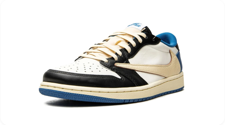 Air Jordan 1 Black, White and Blue Low-Top Sneakers with Cream Reverse Swoosh