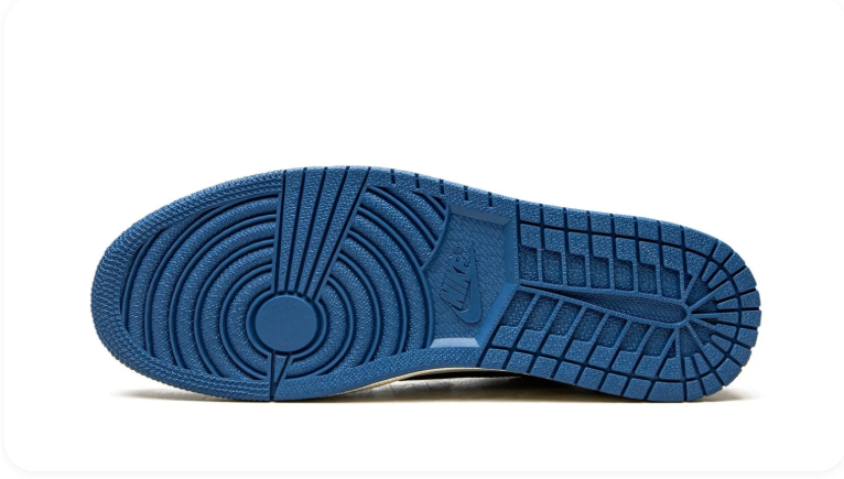 Air Jordan 1 Black, White and Blue Low-Top Sneakers with Cream Reverse Swoosh