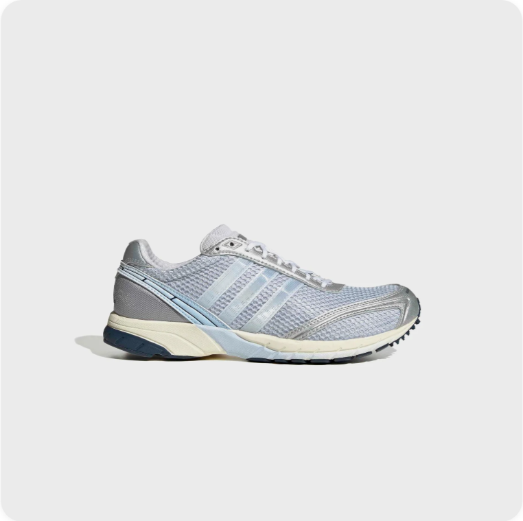 Adidas Silver Grey and Light Blue Retro Runner-Style Sneakers