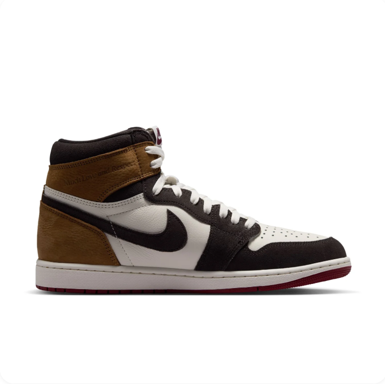 Air Jordan 1 Brown, Black and White High-Top Sneakers with Dark Red Soles