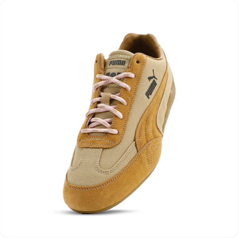 Puma Beige and Mustard Yellow Low-Top Sneakers with Pink Laces