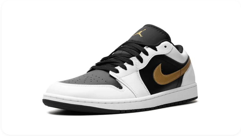 Air Jordan 1 White and Black Low-Top Sneakers with Gold Swoosh