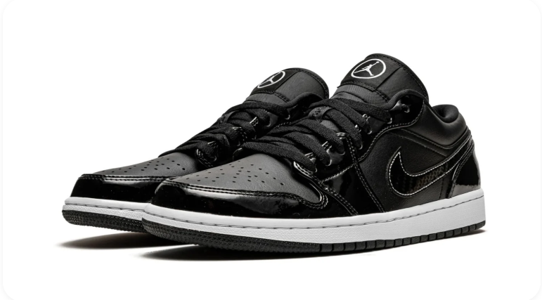 Air Jordan 1 Black Low-Top Sneakers with Glossy Overlays and White Stitching