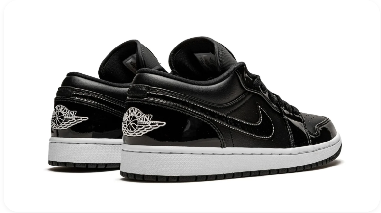 Air Jordan 1 Black Low-Top Sneakers with Glossy Overlays and White Stitching