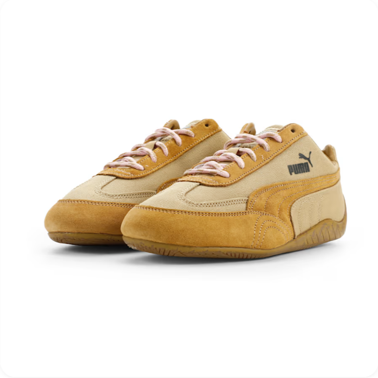 Puma Beige and Mustard Yellow Low-Top Sneakers with Pink Laces