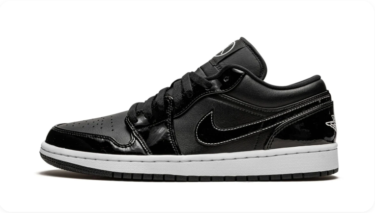 Air Jordan 1 Black Low-Top Sneakers with Glossy Overlays and White Stitching