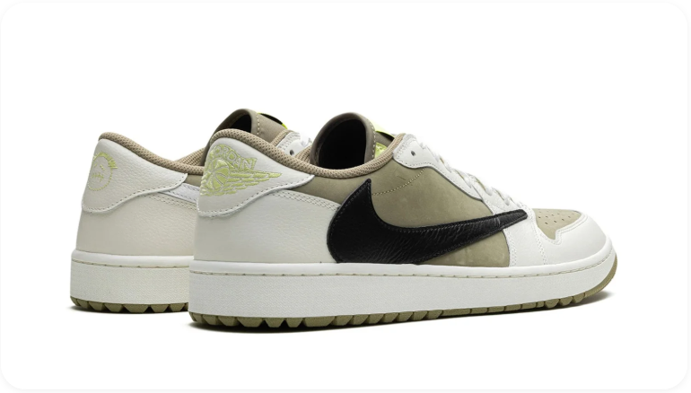 Air Jordan 1 Olive and White Low-Top Sneakers with Black Reverse Swoosh