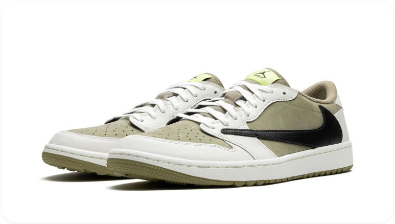 Air Jordan 1 Olive and White Low-Top Sneakers with Black Reverse Swoosh