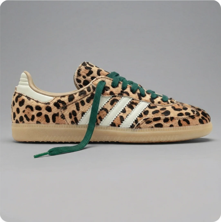 Adidas Leopard Print Low-Top Sneakers with Green Laces