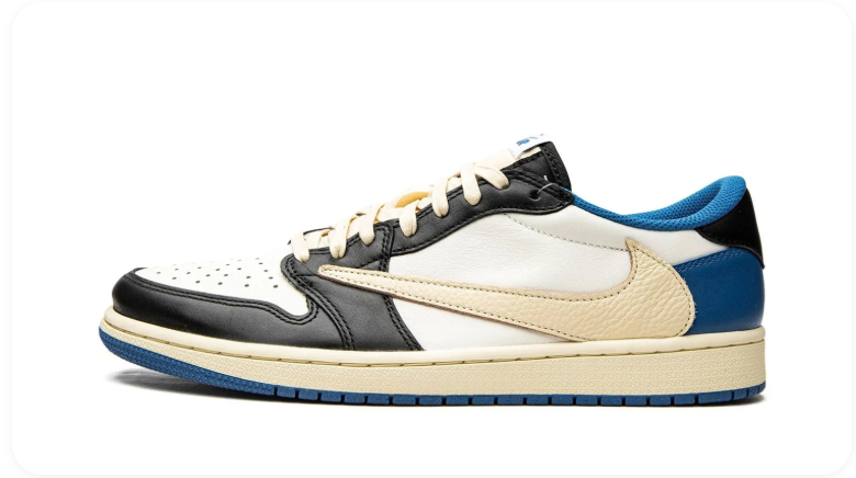 Air Jordan 1 Black, White and Blue Low-Top Sneakers with Cream Reverse Swoosh
