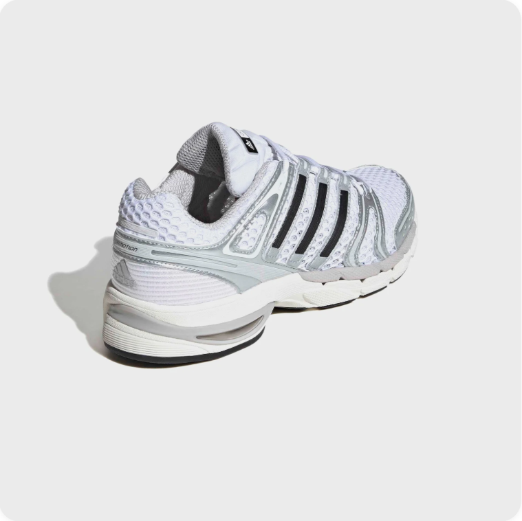 Adidas White and Silver Retro Runner-Style Sneakers with Black Stripes