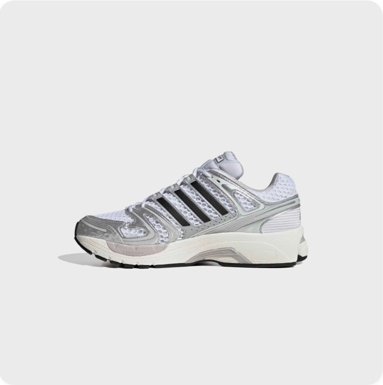 Adidas White and Silver Retro Runner-Style Sneakers with Black Stripes