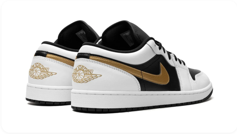 Air Jordan 1 White and Black Low-Top Sneakers with Gold Swoosh