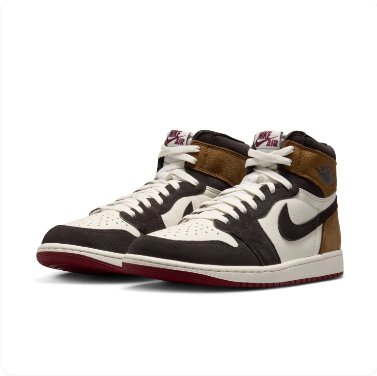 Air Jordan 1 Brown, Black and White High-Top Sneakers with Dark Red Soles